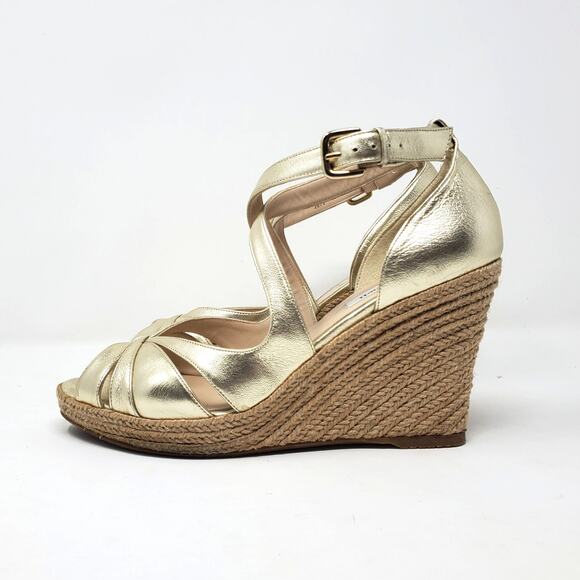 L.K. Bennett Maggie Peep Toe Wedge Sandals Espadrille Metallic Gold Size US 10 - Picture 3 of 10